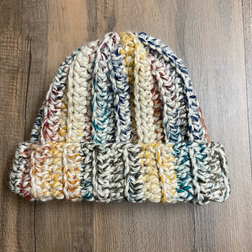 handmade chunky crocheted multi colored beanie - made from lions brand wool ease